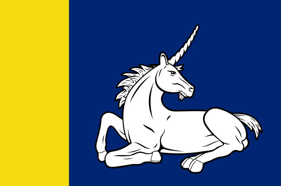 Vlag van de voormalige gemeente Menaldumadeel (Fr.), waar de eenhoorn niet alleen op de vlag voorkomt, maar ook op het wapen. Het betreft een eenhoorn die naar achteren kijkt. De vlag is blauw met aan de stokzijde een staande gele baan ter breedte van een vierde deel met op de rest van de vlag de omziende eenhoorn